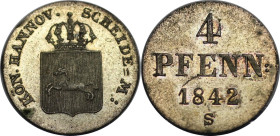 Altdeutsche Münzen und Medaillen, BRAUNSCHWEIG - LÜNEBURG - CALENBERG - HANNOVER. Ernst August (1837-1851). 4 Pfennig 1842 S. Billon. KM 177.2. Stempe...