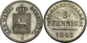 Altdeutsche Münzen und Medaillen, BRAUNSCHWEIG - CALENBERG - HANNOVER. Ernst August (1837-1851). 6 Pfennig 1845 B. KM 198.2. Fast Stempelglanz. Kl.Fle...