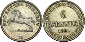 Altdeutsche Münzen und Medaillen, BRAUNSCHWEIG - CALENBERG - HANNOVER. Ernst August (1837-1851). 6 Pfennig 1848 B. KM 205. Stempelglanz. Patina