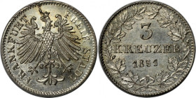 Altdeutsche Münzen und Medaillen, FRANKFURT - STADT. 3 Kreuzer 1851. Billon. KM 334, AKS 23. Stempelglanz