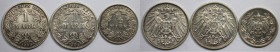 Deutsche Münzen und Medaillen ab 1871, REICHSKLEINMÜNZEN, Lots und Sammlungen. 1/2 Mark 1913 F, J.16 (Ss). 1 Mark 1904 E, J.17 (Ss). 1 Mark 1904 F, J....