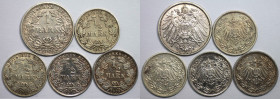 Deutsche Münzen und Medaillen ab 1871, REICHSKLEINMÜNZEN, Lots und Sammlungen. 1/2 Mark 1912 A (Ss). 1/2 Mark 1913 A (Ss). 1/2 Mark 1914 A (Vz-st). 1/...