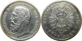 Deutsche Münzen und Medaillen ab 1871, REICHSSILBERMÜNZEN, Baden. Friedrich I. (1856-1907). 5 Mark 1876 G, Silber. Jaeger 27. Schön. Kratzer