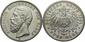 Deutsche Münzen und Medaillen ab 1871, REICHSSILBERMÜNZEN, Baden. Friedrich I (1856-1907). 5 Mark 1894 G. Silber. Jaeger 29. gutes Sehr schön, winz. K...