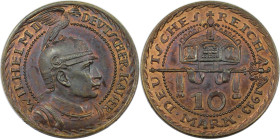 Deutsche Münzen und Medaillen ab 1871, REICHSGOLDMÜNZEN. Preußen. Wilhelm II. (1888-1918). Bronze 10 Mark 1913. Probe. 3,13 g. 19,9 mm. Fast Stempelgl...
