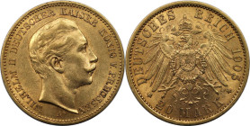 Deutsche Münzen und Medaillen ab 1871, REICHSGOLDMÜNZEN, Preußen. Wilhelm II. (1888-1918). 20 Mark 1905 A, Berlin. Vs.: Kopf nach rechts, darunter Mün...