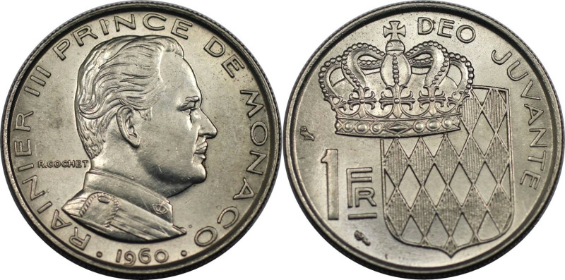 Europäische Münzen und Medaillen, Monaco. Rainier III. 1 Franc 1960. Nickel. KM ...