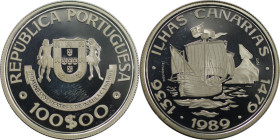 Europäische Münzen und Medaillen, Portugal. Entdeckung der kanarischen Inseln. 100 Escudos 1989. 21,0 g. 0.925 Silber. 0.62 OZ. KM 646a. Polierte Plat...