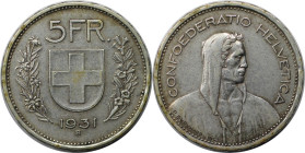 Europäische Münzen und Medaillen, Schweiz / Switzerland. 5 Franken 1931 B, Silber. KM 40. Sehr schön+