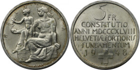 Europäische Münzen und Medaillen, Schweiz / Switzerland. 100 Jahre Bundestaat. 5 Franken 1948 B. 15,0 g. 0.835 Silber. 0.40 OZ. KM 48. Stempelglanz