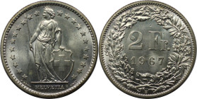 Europäische Münzen und Medaillen, Schweiz / Switzerland. 2 Franken 1967. 10,0 g. 0.835 Silber. 0.27 OZ. KM 21. Stempelglanz