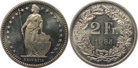Europäische Münzen und Medaillen, Schweiz / Switzerland. 2 Franken 1985, Kupfer-Nickel. KM 21a.3. Polierte Platte