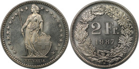 Europäische Münzen und Medaillen, Schweiz / Switzerland. 2 Franken 1987. Kupfer-Nickel. KM 21a.3. Polierte Platte