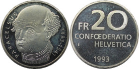 Europäische Münzen und Medaillen, Schweiz / Switzerland. 500. Geburtstag von Paracelsus. 20 Franken 1993 B. 20,0 g. 0.835 Silber. 0.54 OZ. KM 73. Stem...