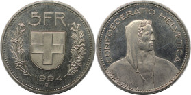 Europäische Münzen und Medaillen, Schweiz / Switzerland. 5 Franken 1994. Kupfer-Nickel. KM 40a.4. Polierte Platte leicht berieben