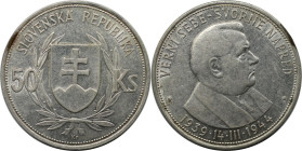 Europäische Münzen und Medaillen, Slowakei / Slovakia. Präsident Jozef Tiso. 5 Jahre der Slowakischen Republik. 50 Kronen 1944. Silber. KM 10. Vorzügl...