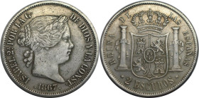 Europäische Münzen und Medaillen, Spanien / Spain. Isabel II. 2 Escudos 1867. Silber. KM 629. Sehr schön-vorzüglich