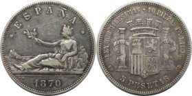 Europäische Münzen und Medaillen, Spanien / Spain. 5 Pesetas 1870. Silber. Sehr schön-vorzüglich