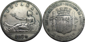 Europäische Münzen und Medaillen, Spanien / Spain. 5 Pesetas 1870. Silber. KM 655. Sehr schön-vorzüglich