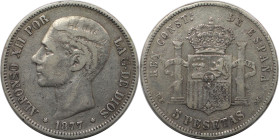 Europäische Münzen und Medaillen, Spanien / Spain. Alfonso XII. (1874-1885). 5 Pesetas 1877 DE - M. Silber. KM 676. Sehr schön-vorzüglich