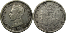 Europäische Münzen und Medaillen, Spanien / Spain. Alfonso XIII. (1886-1941). 50 Centimos 1904 SM - V. Silber. KM 723. Fast Vorzüglich