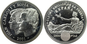 Europäische Münzen und Medaillen, Spanien / Spain. Juan Carlos (1975-2014) – Abschied von der Peseta. 2000 Pesetas 2001. 18,0 g. 0.925 Silber. 0.54 OZ...