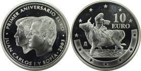 Europäische Münzen und Medaillen, Spanien / Spain. Europäische Währungsunion - Europa auf dem Stier. 10 Euro 2003. 27,0 g. 0.925 Silber. 0.80 OZ. KM 1...