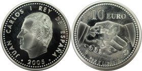 Europäische Münzen und Medaillen, Spanien / Spain. 60 Jahre Kriegsende. 10 Euro 2005. 27,0 g. 0.925 Silber. 0.80 OZ. KM 1065. Polierte Platte, Plastik...