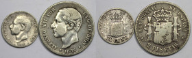 Europäische Münzen und Medaillen, Spanien / Spain, Lots und Sammlungen. Alfonso XII. (1874-1885). 50 Centimos 1880 MS-M, KM 685. 2 Pesetas 1882 MS-M, ...