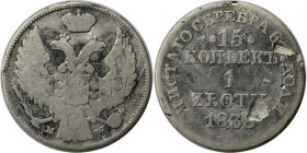 Russische Münzen und Medaillen, Nikolaus I. (1826-1855), für Polen. 15 Kopeken (1 Zloty) 1838 MW. Silber. Bitkin 1171. Schön-sehr schön