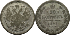 Russische Münzen und Medaillen, Alexander III. (1881-1894). 20 Kopeken 1891 SPB-AG, Silber. Bitkin 110. Schön-sehr schön