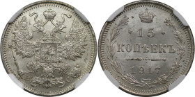 Russische Münzen und Medaillen, Nikolaus II. (1894-1918). 15 Kopeken 1917 BC. Silber. Bitkin 144 (R). NGC MS 65