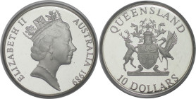 Weltmünzen und Medaillen, Australien / Australia. "Queensland". 10 Dollars 1989. 20,0 g. 0.925 Silber. 0.59 OZ. KM 114. Polierte Platte