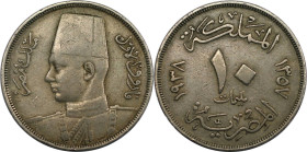 Weltmünzen und Medaillen, Ägypten / Egypt. Farouk I. (1936-1952). 10 Milliemes 1938 (AH 1357). Kupfer-Nickel. KM 364. Sehr schön