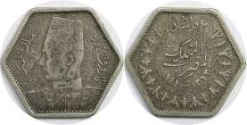 Weltmünzen und Medaillen, Ägypten / Egypt. Farouk I. (1936-1952). 2 Piastres / 2 Qirsh 1944 (AH 1363). Silber. KM 369. Sehr schön+