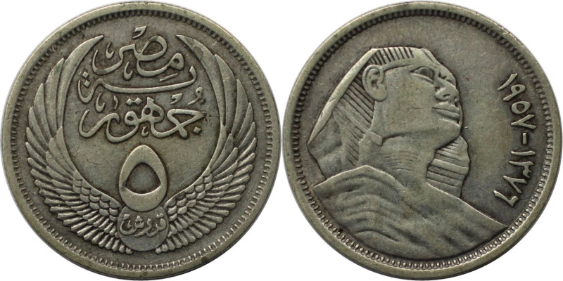 Weltmünzen und Medaillen, Ägypten / Egypt. Sphinx. 5 Piastres 1957. Silber. KM 3...