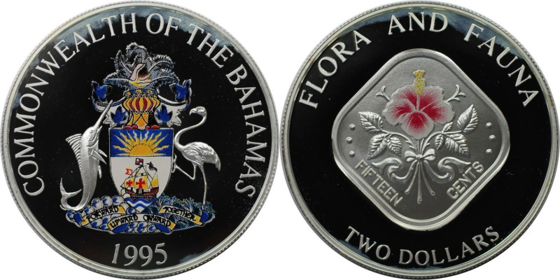 Weltmünzen und Medaillen, Bahamas. Farbmünze. Hibiskus. 2 Dollars 1995. 30,08 g....