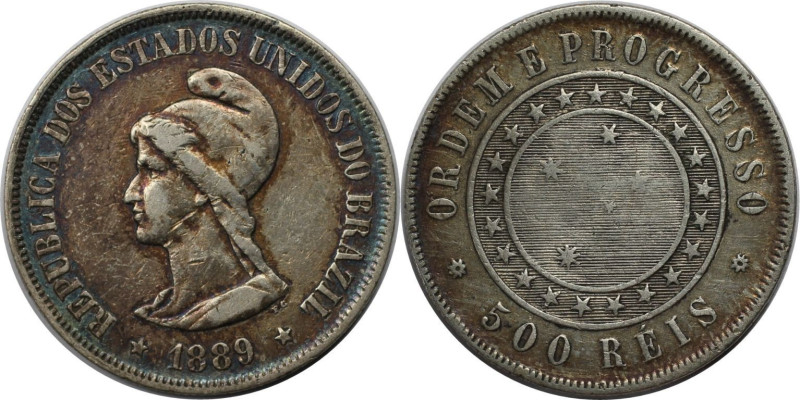 Weltmünzen und Medaillen, Brasilien / Brazil. 500 Reis 1889, Silber. KM 494. Ste...