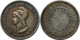 Weltmünzen und Medaillen, Brasilien / Brazil. 500 Reis 1889, Silber. KM 494. Stempelglanz