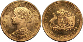 Weltmünzen und Medaillen, Chile. 20 Pesos zu 2 Condores 1976, Santiago. 4,07 g. 0.900 Gold. 0.12 OZ. KM 188, Fr. 56. Vorzüglich-stempelglanz, winziger...