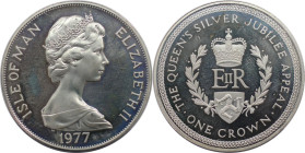 Weltmünzen und Medaillen, Isle of Man. 25 jähriges Thronjubiläum Elisabeth II. Monogramm ERII. 1 Crown 1977. 28,28 g. 0.925 Silber. 0.84 OZ. KM 42a. P...