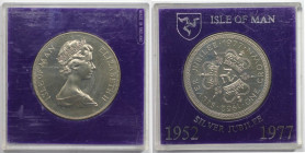 Weltmünzen und Medaillen, Isle of Man. 25 jähriges Thronjubiläum Elisabeth II. Wappen. 1 Crown 1977. Kupfer-Nickel. KM 41. Stempelglanz. Original Box...