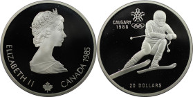 Weltmünzen und Medaillen, Kanada / Canada. XV. Olympische Winterspiele, Calgary 1988 - Abfahrtslauf. 20 Dollars 1985. 33,63 g. 0.925 Silber. 1 OZ. KM ...