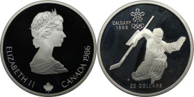 Weltmünzen und Medaillen, Kanada / Canada. XV. Olympische Winterspiele, Calgary 1988 - Eishockey. 20 Dollars 1986. 33,63 g. 0.925 Silber. 1 OZ. KM 148...