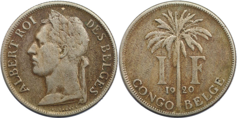 Weltmünzen und Medaillen, Kongo / Congo. Belgisch-Kongo. Albert I. 1 Franc 1920....