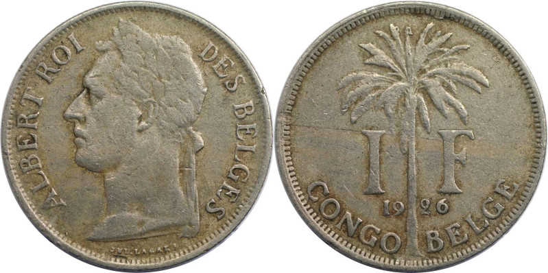 Weltmünzen und Medaillen, Kongo / Congo. Belgisch-Kongo. Albert I. 1 Franc 1926....