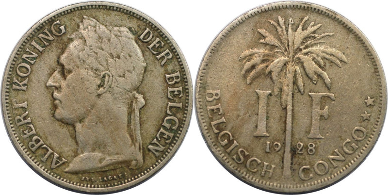 Weltmünzen und Medaillen, Kongo / Congo. Belgisch-Kongo. Albert I. 1 Franc 1928....