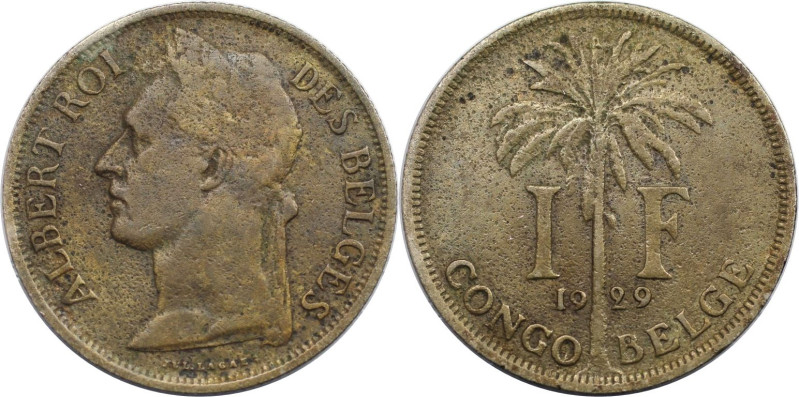 Weltmünzen und Medaillen, Kongo / Congo. Belgisch-Kongo. Albert I. 1 Franc 1929....