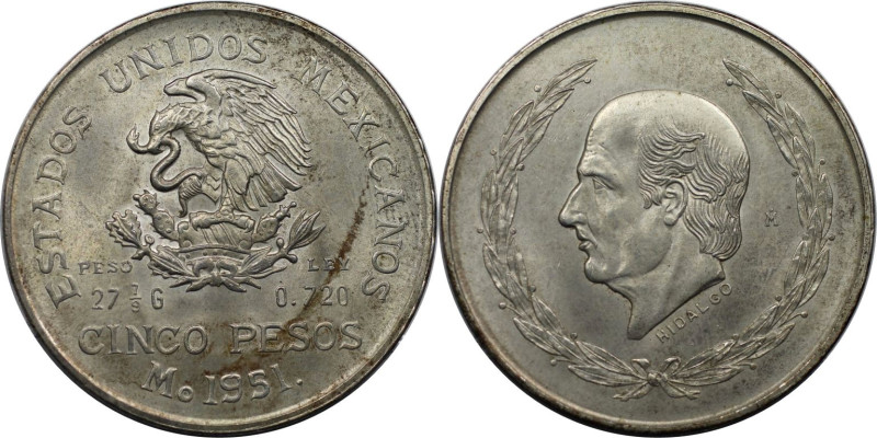 Weltmünzen und Medaillen, Mexiko / Mexico. Hidalgo. 5 Pesos 1951. 27.78 g. 0.720...