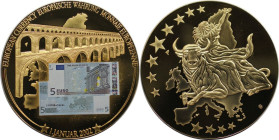 Medaillen und Jetons, Gedenkmedaillen. Farbmedaille - 5 Euro Schein - Europäische Währung 1. Januar 2002. Polierte Platte